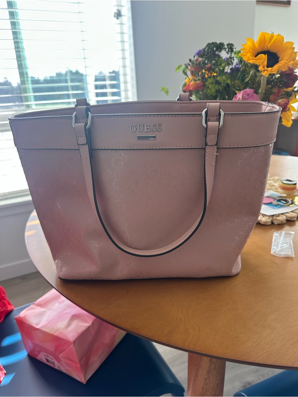 GUESS Pink Floral Logo Tote with Silver Hardware